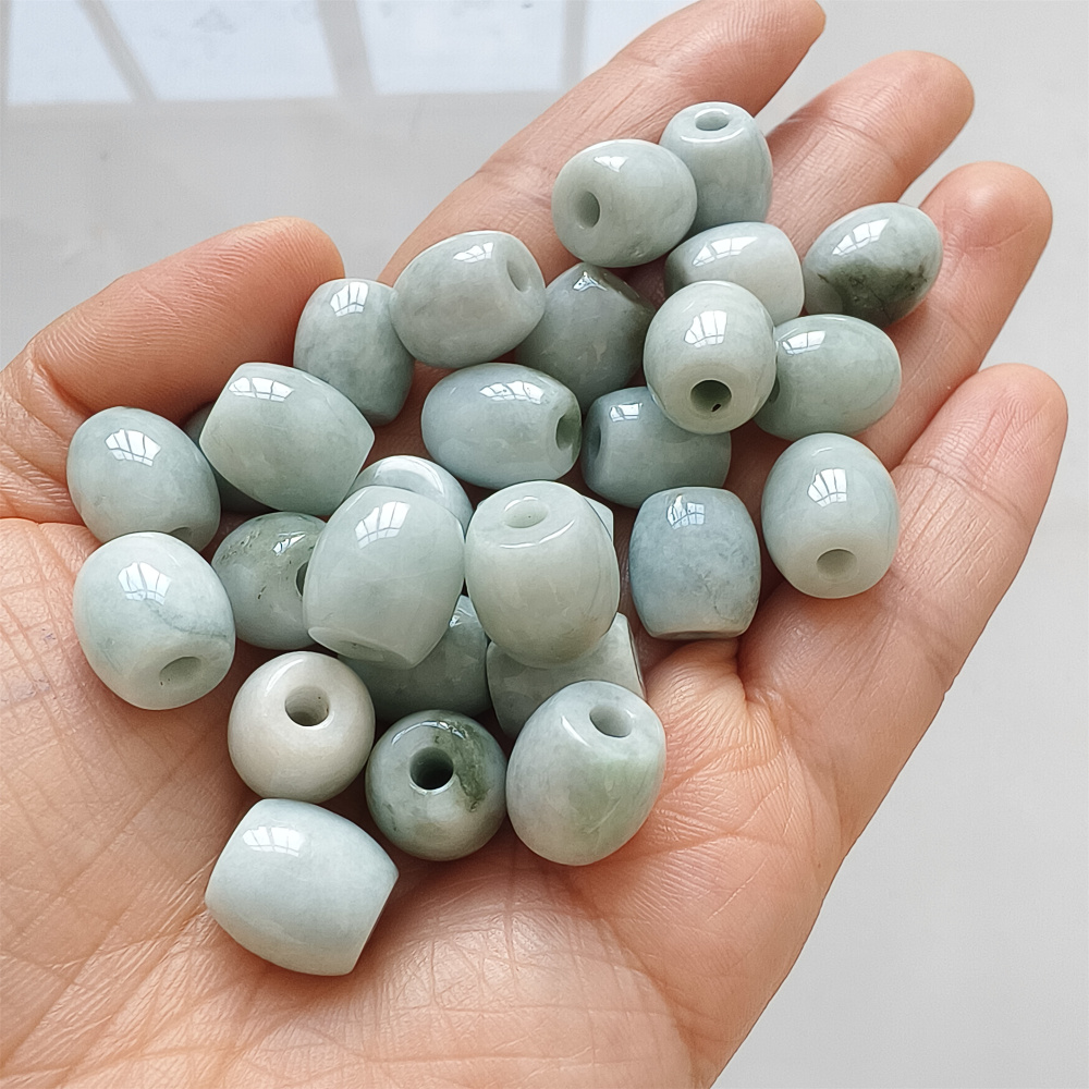 5pcs Natural Type A Moss In Snow Green Waxy Burmese Jadeite Big hole Oval Barrel Beads Drum Beads,Burmese Jadeite,DIY Jewelry Supplies