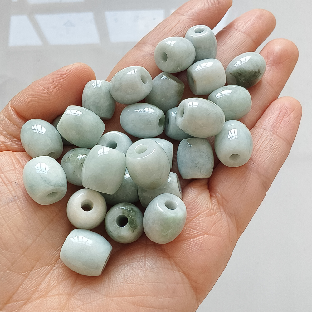5pcs Natural Type A Moss In Snow Green Waxy Burmese Jadeite Big hole Oval Barrel Beads Drum Beads,Burmese Jadeite,DIY Jewelry Supplies