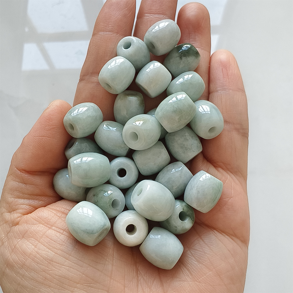 5pcs Natural Type A Moss In Snow Green Waxy Burmese Jadeite Big hole Oval Barrel Beads Drum Beads,Burmese Jadeite,DIY Jewelry Supplies