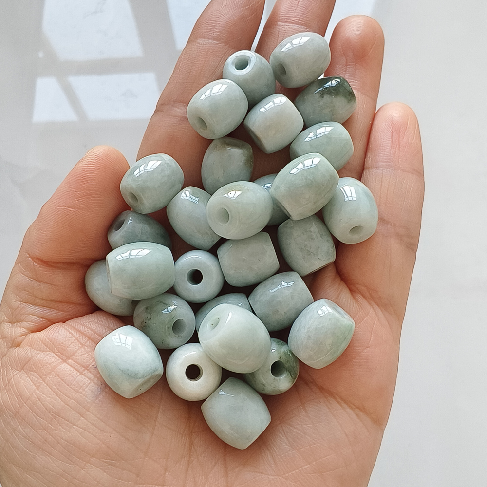 5pcs Natural Type A Moss In Snow Green Waxy Burmese Jadeite Big hole Oval Barrel Beads Drum Beads,Burmese Jadeite,DIY Jewelry Supplies