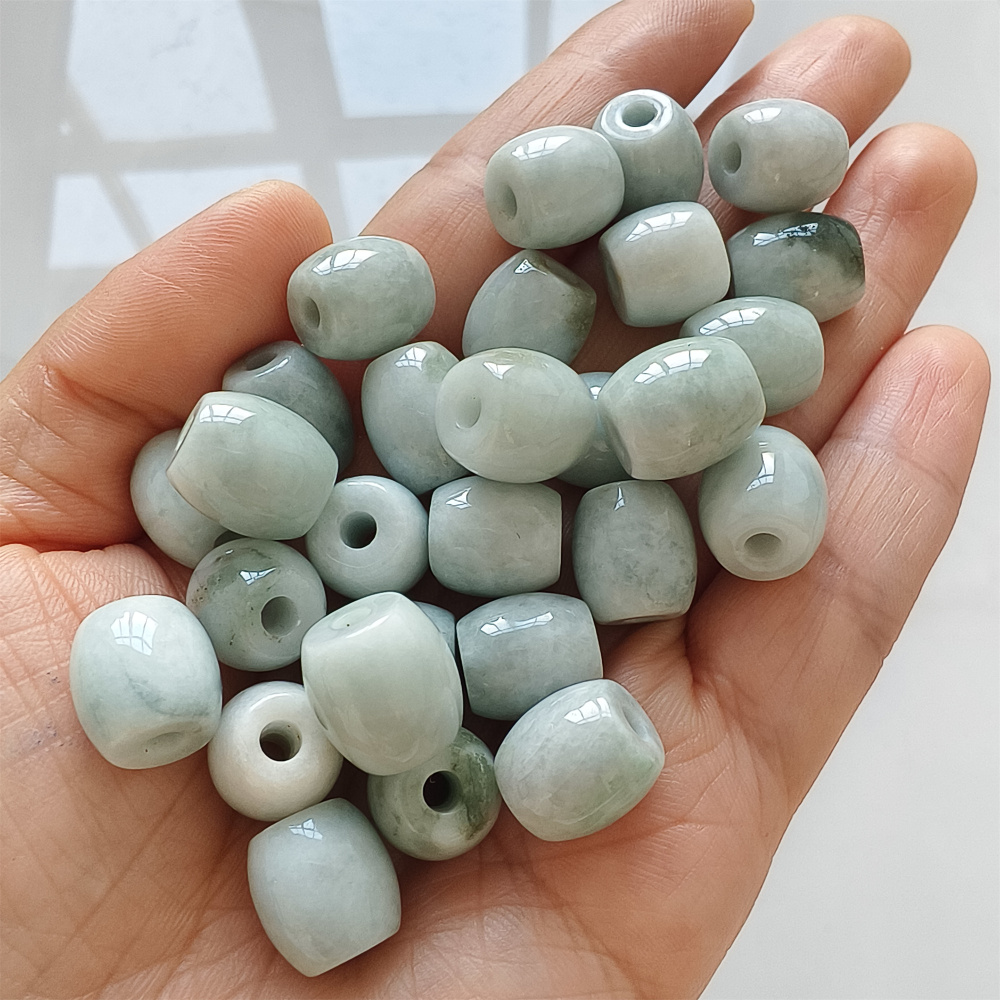 5pcs Natural Type A Moss In Snow Green Waxy Burmese Jadeite Big hole Oval Barrel Beads Drum Beads,Burmese Jadeite,DIY Jewelry Supplies