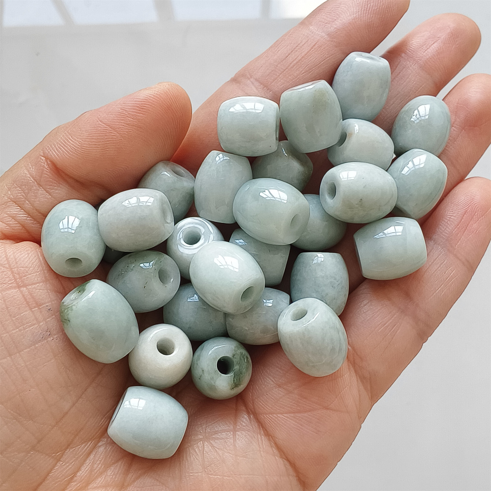 5pcs Natural Type A Moss In Snow Green Waxy Burmese Jadeite Big hole Oval Barrel Beads Drum Beads,Burmese Jadeite,DIY Jewelry Supplies