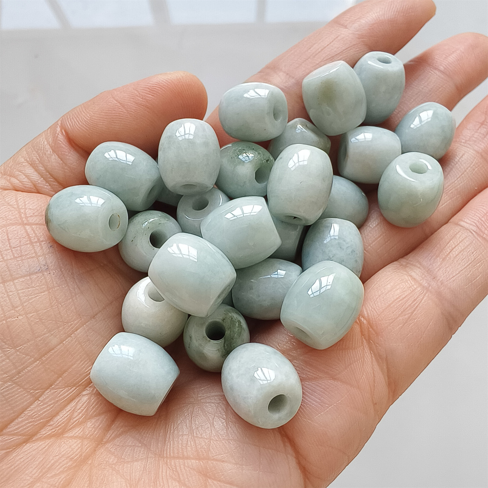 5pcs Natural Type A Moss In Snow Green Waxy Burmese Jadeite Big hole Oval Barrel Beads Drum Beads,Burmese Jadeite,DIY Jewelry Supplies