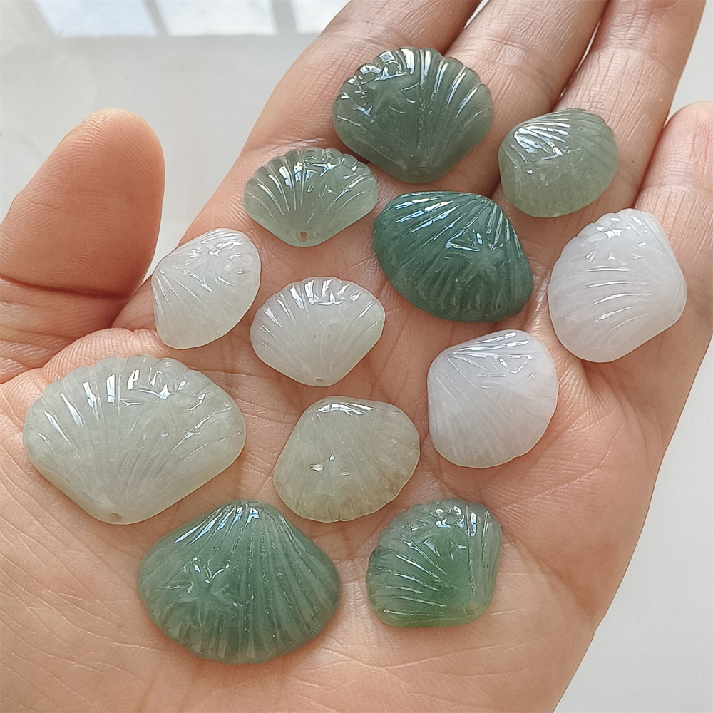 2Pcs Natural Type A Untreated Icy Waxy Green White Burmese Jadeite Shell Shaped Pendant With Starfish Carved,Burma Jadeite Loose Pendant,DIY Jewelry Supplies