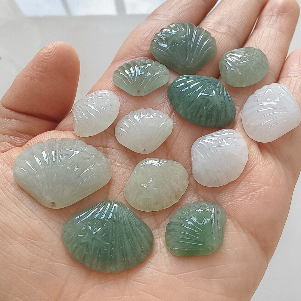 2Pcs Natural Type A Untreated Icy Waxy Green White Burmese Jadeite Shell Shaped Pendant With Starfish Carved,Burma Jadeite Loose Pendant,DIY Jewelry Supplies