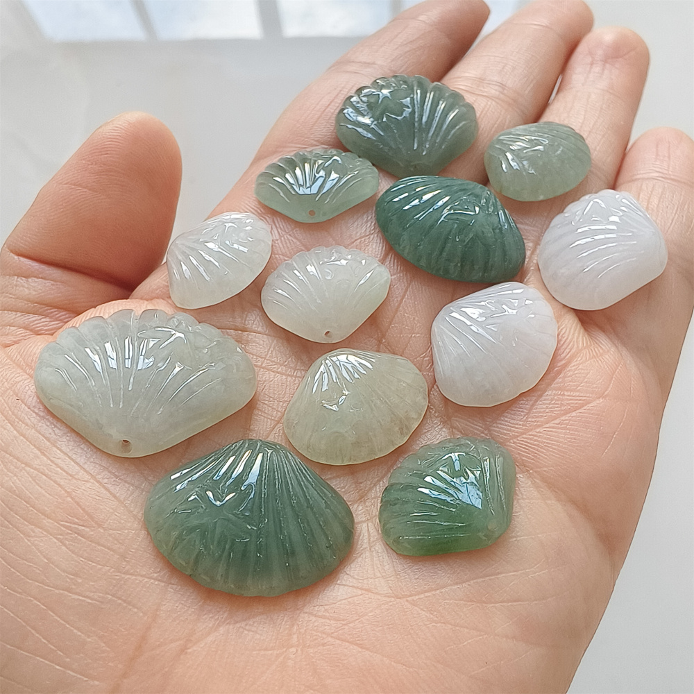 2Pcs Natural Type A Untreated Icy Waxy Green White Burmese Jadeite Shell Shaped Pendant With Starfish Carved,Burma Jadeite Loose Pendant,DIY Jewelry Supplies