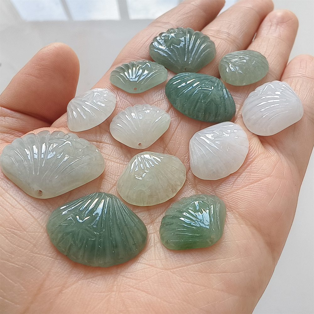 2Pcs Natural Type A Untreated Icy Waxy Green White Burmese Jadeite Shell Shaped Pendant With Starfish Carved,Burma Jadeite Loose Pendant,DIY Jewelry Supplies