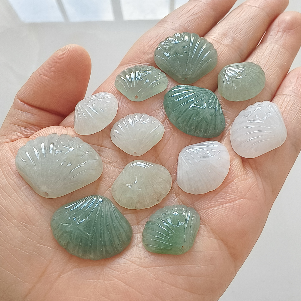 2Pcs Natural Type A Untreated Icy Waxy Green White Burmese Jadeite Shell Shaped Pendant With Starfish Carved,Burma Jadeite Loose Pendant,DIY Jewelry Supplies