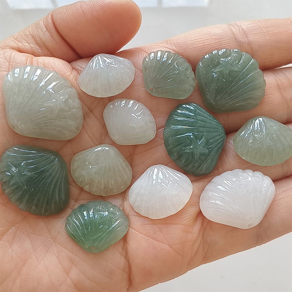 2Pcs Natural Type A Untreated Icy Waxy Green White Burmese Jadeite Shell Shaped Pendant With Starfish Carved,Burma Jadeite Loose Pendant,DIY Jewelry Supplies