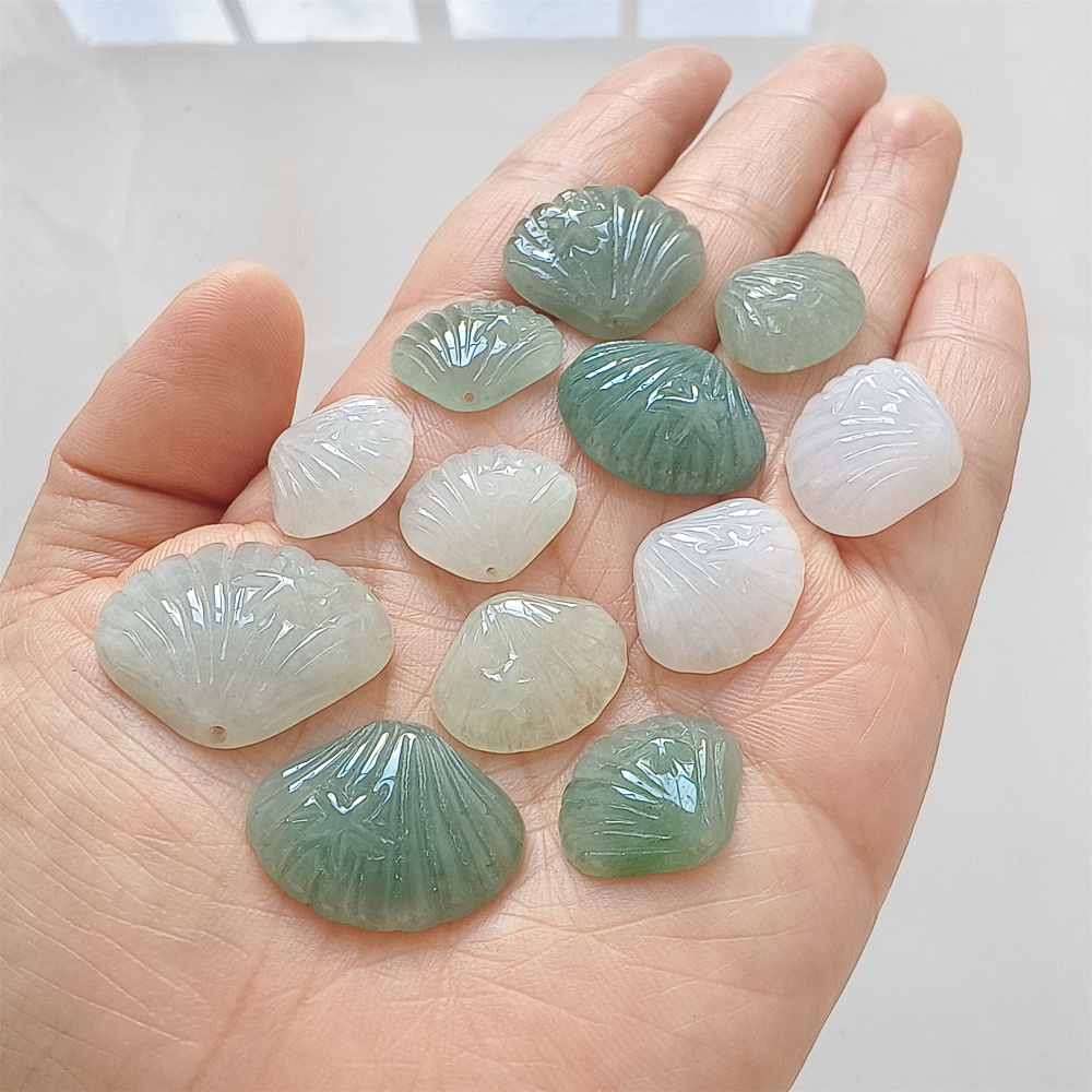 2Pcs Natural Type A Untreated Icy Waxy Green White Burmese Jadeite Shell Shaped Pendant With Starfish Carved,Burma Jadeite Loose Pendant,DIY Jewelry Supplies