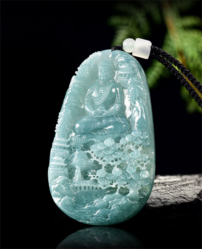 Natural Certificated Type A Untreated Blue Watery Guatemalan Jadeite Oval Pendant With Buddha Carved,悟道,DIY Jewelry Supplies