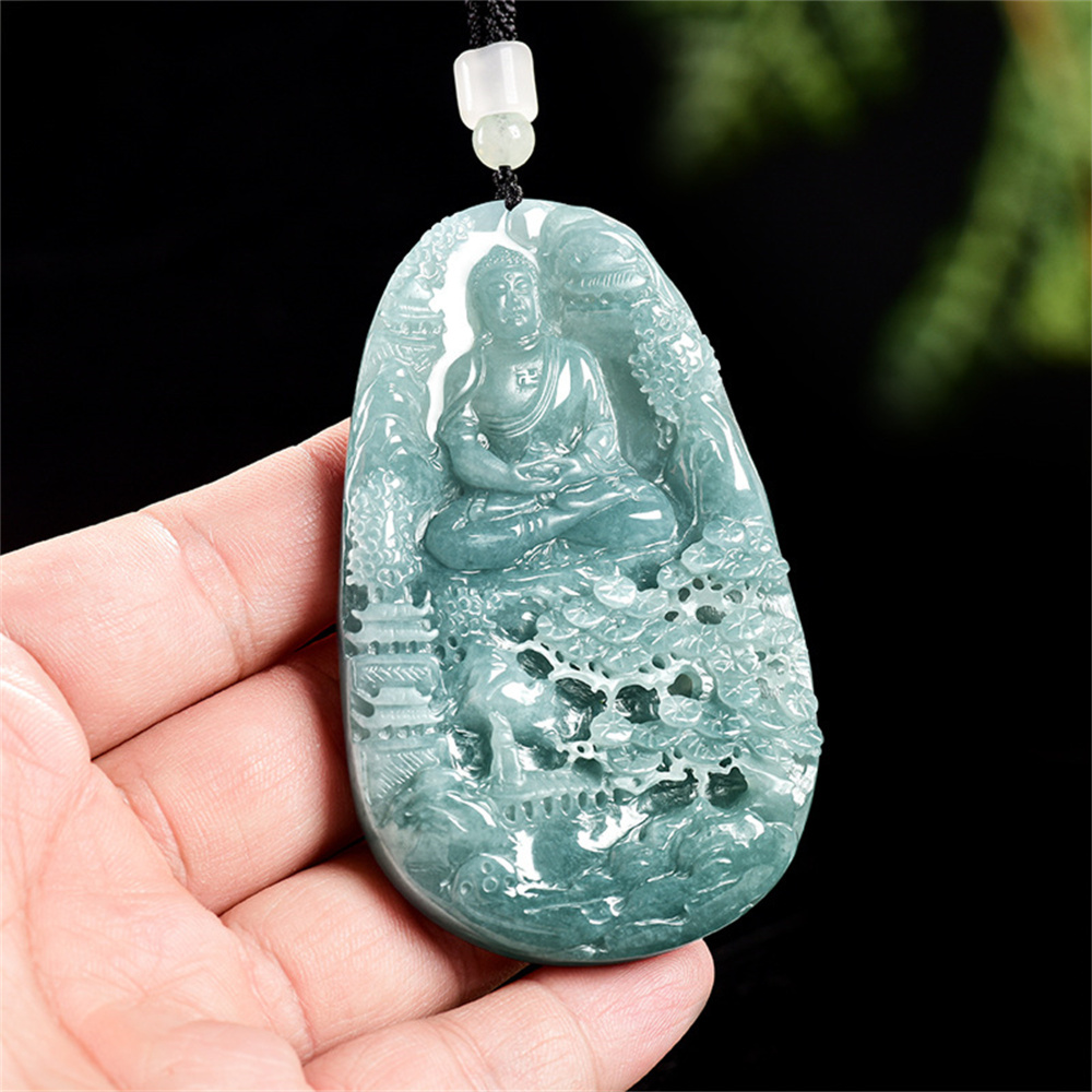 Natural Certificated Type A Untreated Blue Watery Guatemalan Jadeite Oval Pendant With Buddha Carved,悟道,DIY Jewelry Supplies