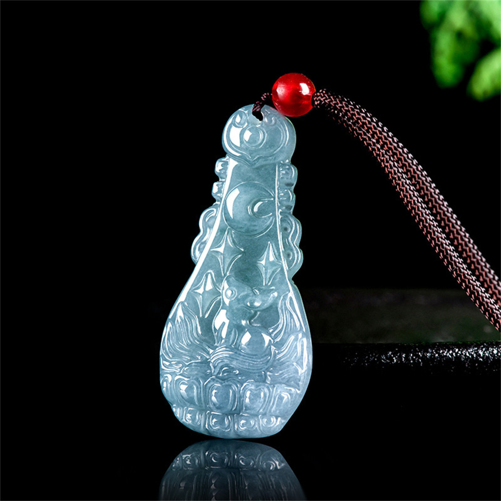 Natural Certificated Type A Untreated Blue Watery Guatemalan Jadeite Pipa Shape Pendant With Nine Tailed Fox Carved,Amulet Pendant,DIY Jewelry Supplies