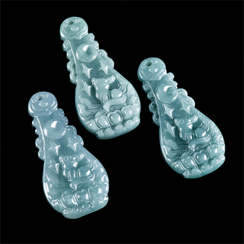 Natural Certificated Type A Untreated Blue Watery Guatemalan Jadeite Pipa Shape Pendant With Nine Tailed Fox Carved,Amulet Pendant,DIY Jewelry Supplies