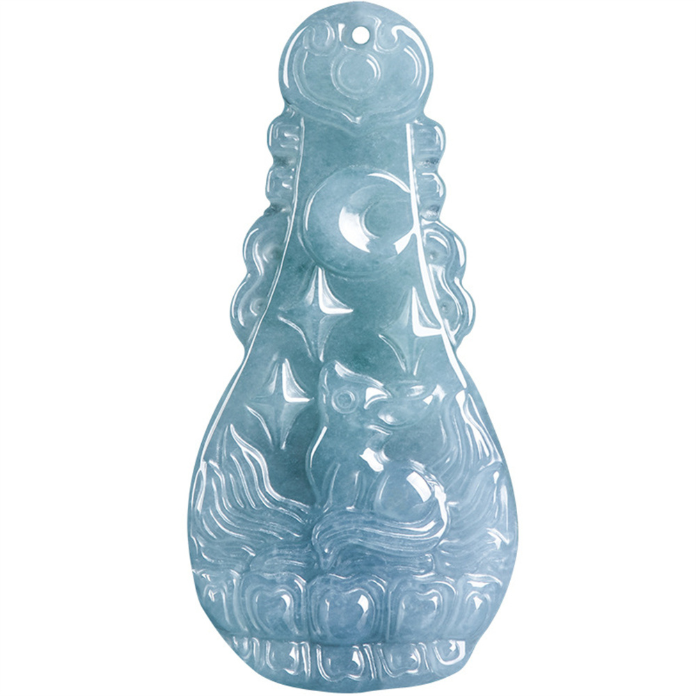 Natural Certificated Type A Untreated Blue Watery Guatemalan Jadeite Pipa Shape Pendant With Nine Tailed Fox Carved,Amulet Pendant,DIY Jewelry Supplies