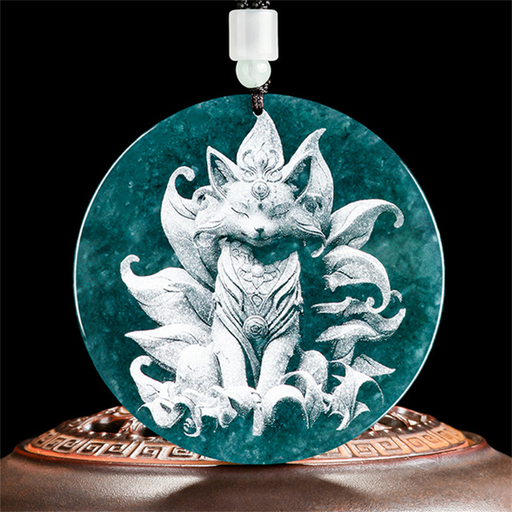 Natural Certificated Type A Untreated Blue Watery Guatemalan Jadeite Round Pendant With Nine Tailed Fox Pattern,Amulet Pendant,DIY Jewelry Supplies