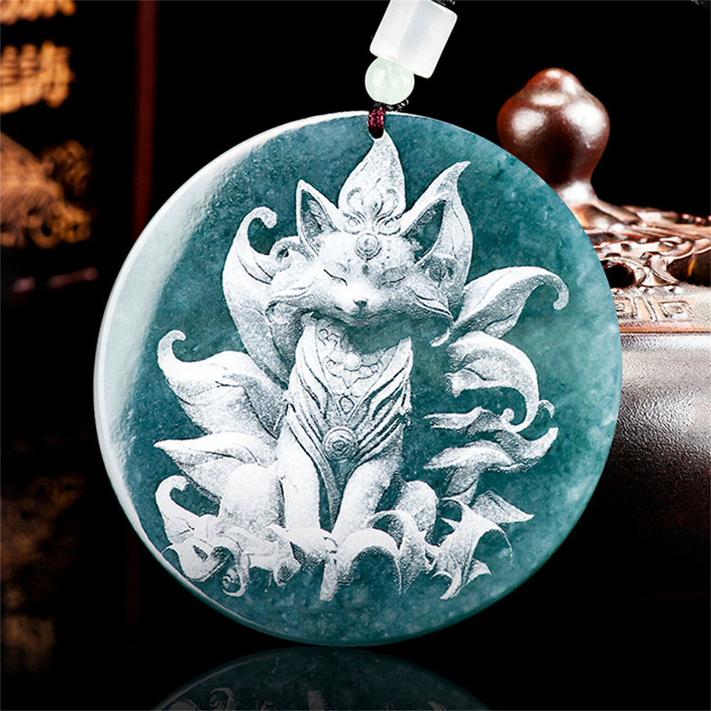 Natural Certificated Type A Untreated Blue Watery Guatemalan Jadeite Round Pendant With Nine Tailed Fox Pattern,Amulet Pendant,DIY Jewelry Supplies