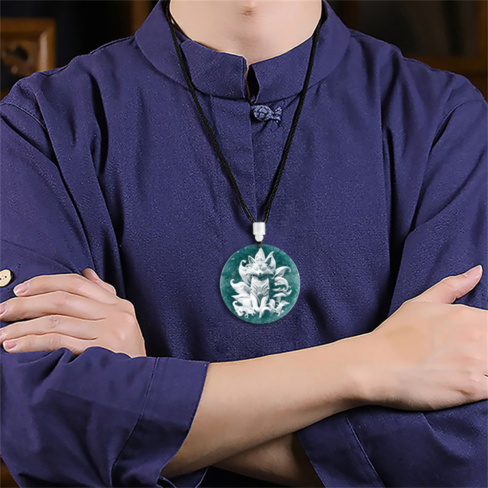 Natural Certificated Type A Untreated Blue Watery Guatemalan Jadeite Round Pendant With Nine Tailed Fox Pattern,Amulet Pendant,DIY Jewelry Supplies