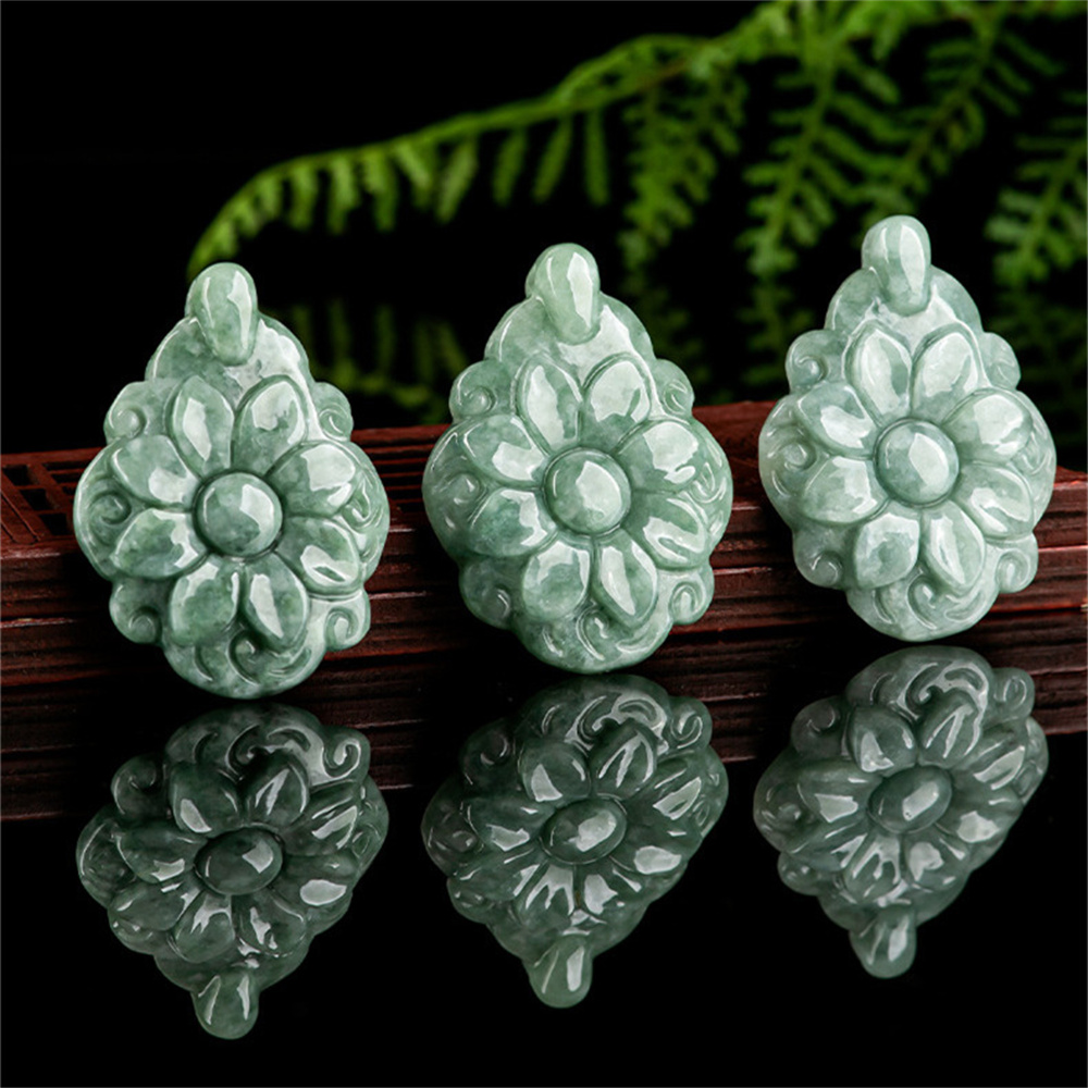 Natural Certificated Type A Untreated Bean Green Watery Burmese Jadeite Hand Carved Kalanchoe Pendant,Flowers Pendant,DIY Jewelry Supplies