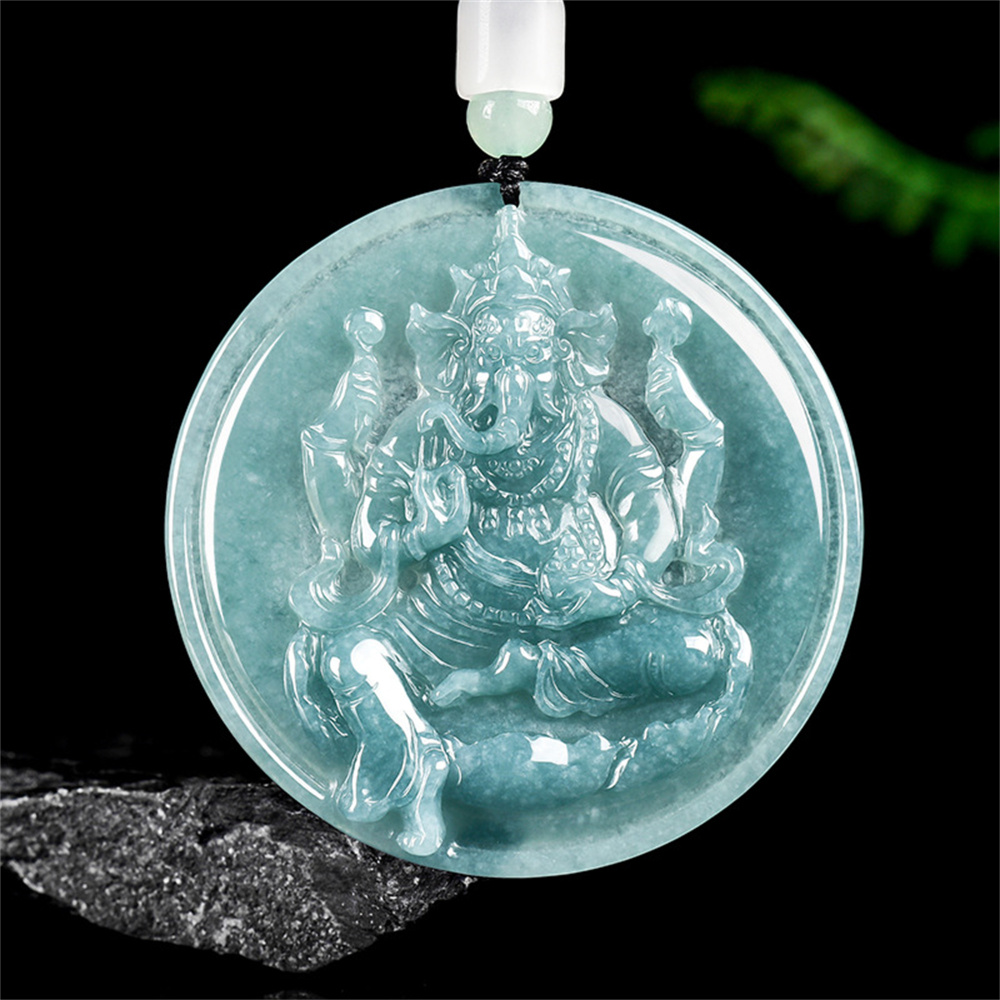 Natural Certificated Type A Untreated Blue Watery Guatemalan Jadeite Round Pendant With Ganesha Carved,Amulet Pendant,DIY Jewelry Supplies
