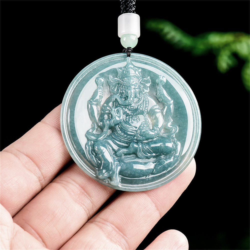 Natural Certificated Type A Untreated Blue Watery Guatemalan Jadeite Round Pendant With Ganesha Carved,Amulet Pendant,DIY Jewelry Supplies