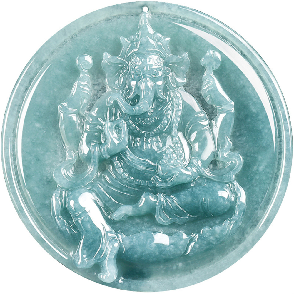 Natural Certificated Type A Untreated Blue Watery Guatemalan Jadeite Round Pendant With Ganesha Carved,Amulet Pendant,DIY Jewelry Supplies