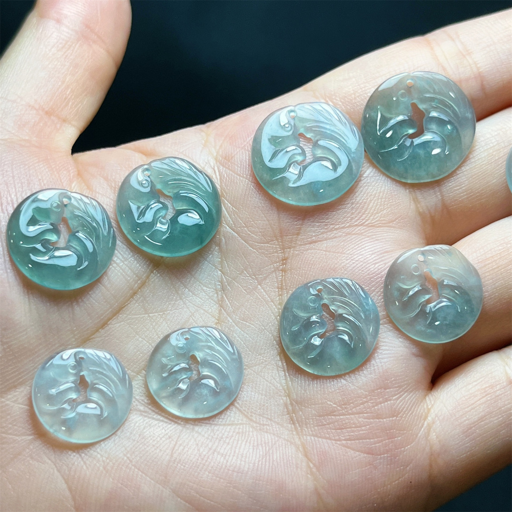 2Pcs Natural Type A Untreated Icy Blue Watery Guatemalan Jadeite Filigree Round Pendant With Fox Carved,Blue Guatemala Jadeite Loose Pendant,DIY Jewelry Supplies