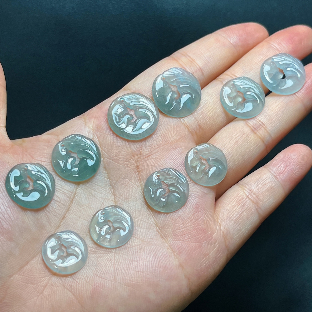 2Pcs Natural Type A Untreated Icy Blue Watery Guatemalan Jadeite Filigree Round Pendant With Fox Carved,Blue Guatemala Jadeite Loose Pendant,DIY Jewelry Supplies