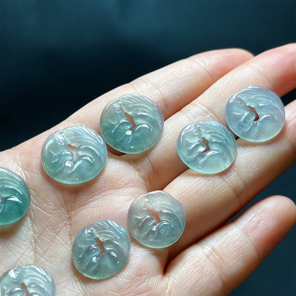 2Pcs Natural Type A Untreated Icy Blue Watery Guatemalan Jadeite Filigree Round Pendant With Fox Carved,Blue Guatemala Jadeite Loose Pendant,DIY Jewelry Supplies