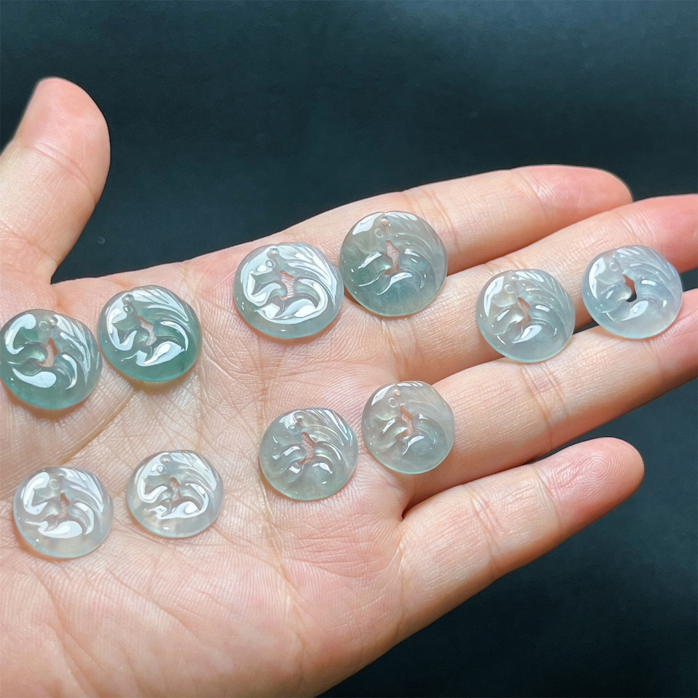 2Pcs Natural Type A Untreated Icy Blue Watery Guatemalan Jadeite Filigree Round Pendant With Fox Carved,Blue Guatemala Jadeite Loose Pendant,DIY Jewelry Supplies