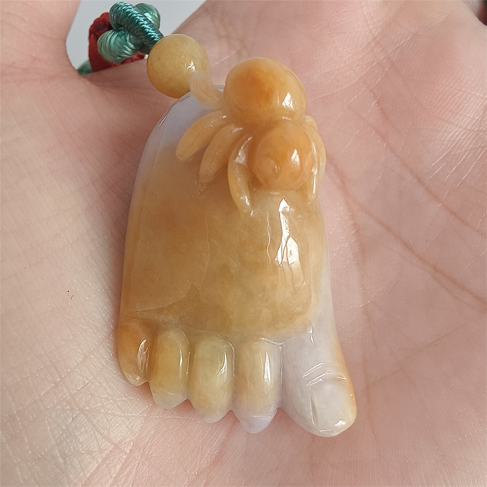 Unique Certificated Natural Yellow Color Heated 35x21mm Burmese Jadeite Foot Pendant With Spider Carved,Burma Jadeite Loose Pendant