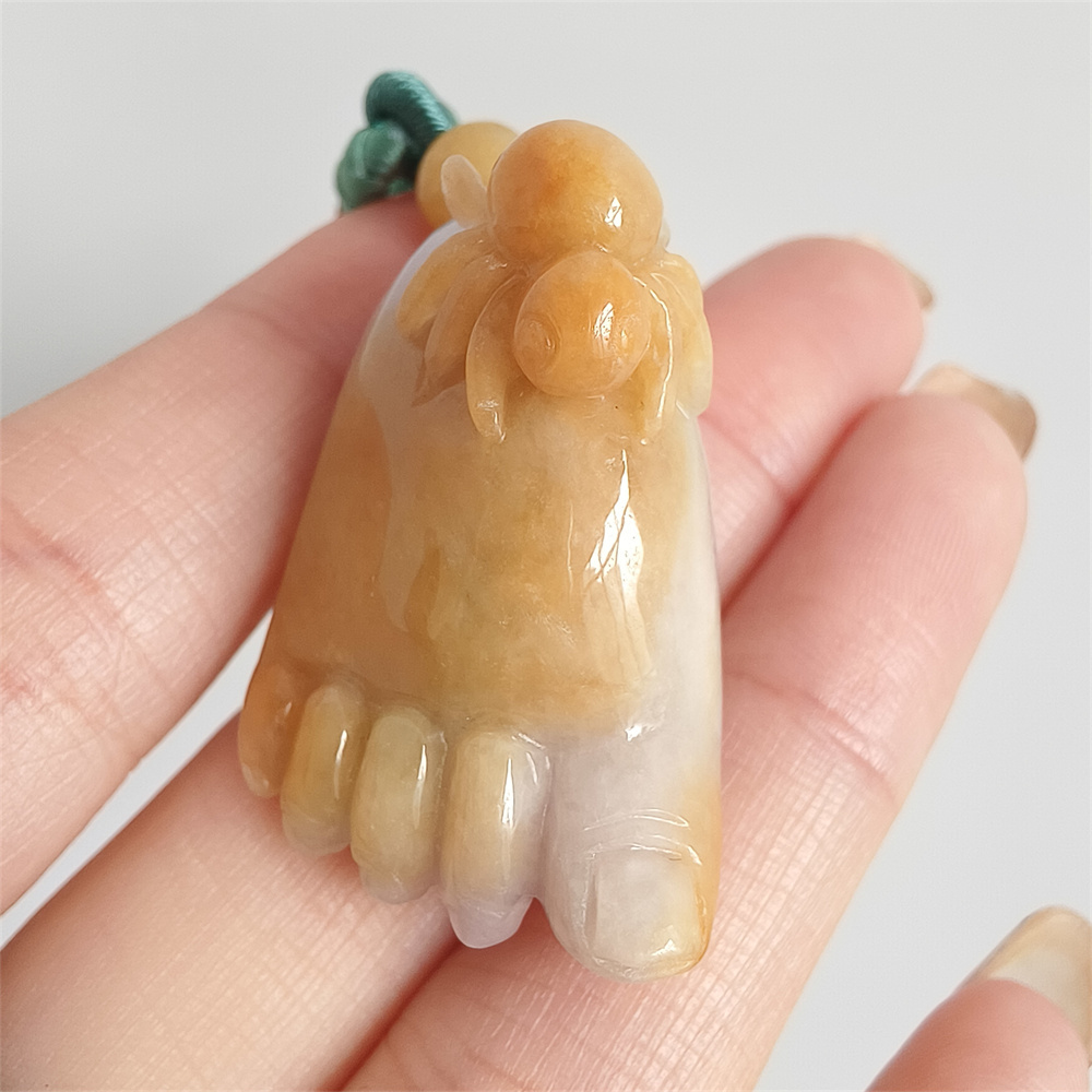 Unique Certificated Natural Yellow Color Heated 35x21mm Burmese Jadeite Foot Pendant With Spider Carved,Burma Jadeite Loose Pendant