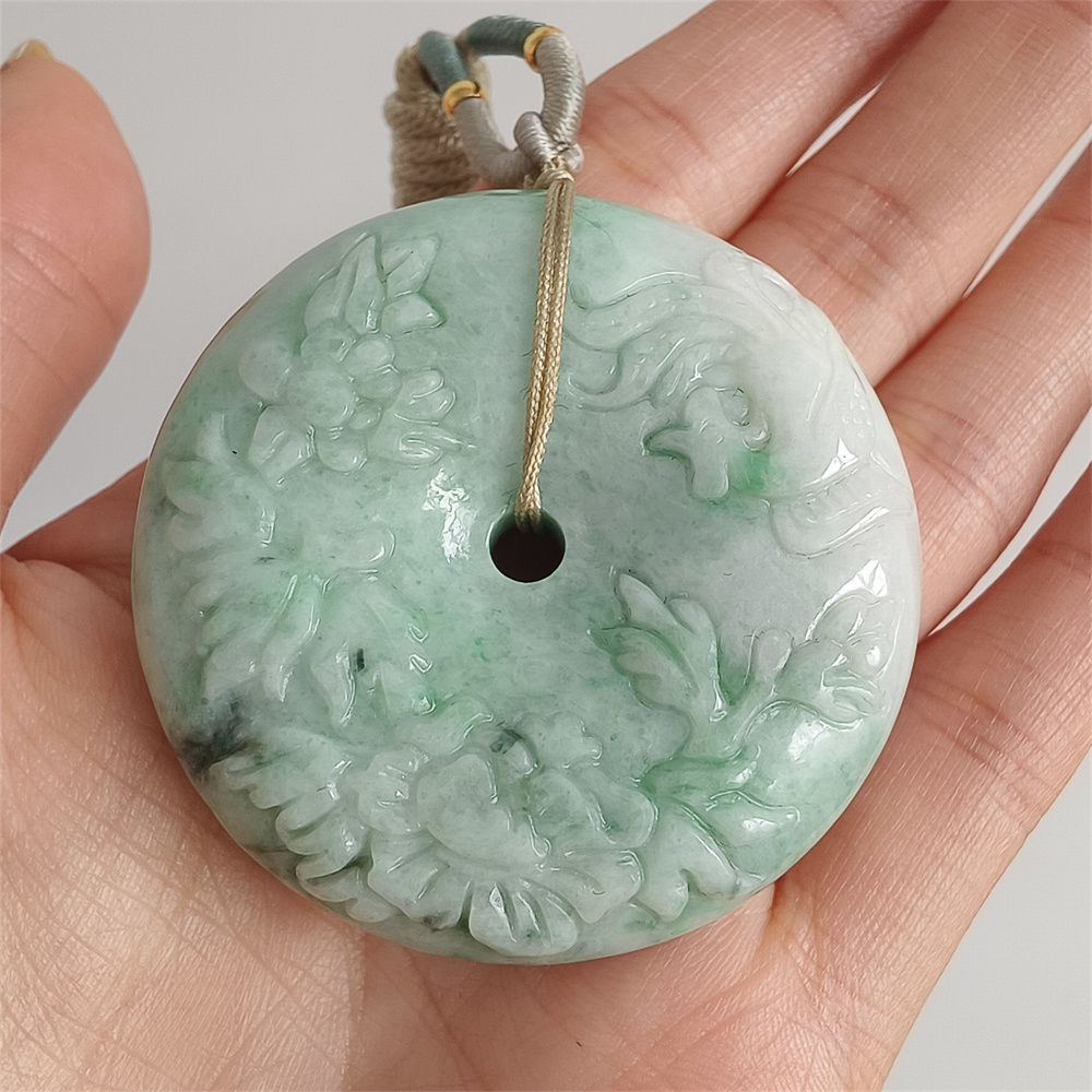 Unique Type A Untreated 49mm Green White Burmese Jadeite Hand Carved Safety Buckle Pendant With Peony And Phoenix Carved,Amulet Pendant,DIY Jewelry Supplies