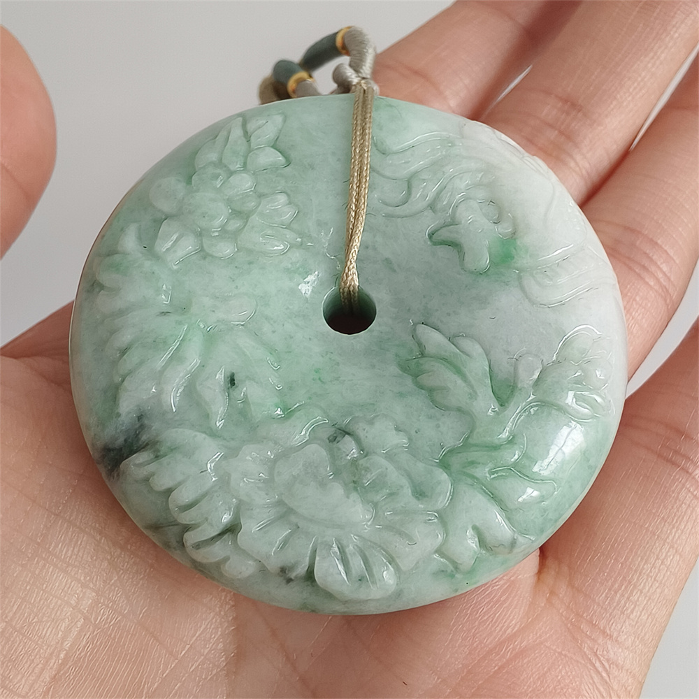 Unique Type A Untreated 49mm Green White Burmese Jadeite Hand Carved Safety Buckle Pendant With Peony And Phoenix Carved,Amulet Pendant,DIY Jewelry Supplies
