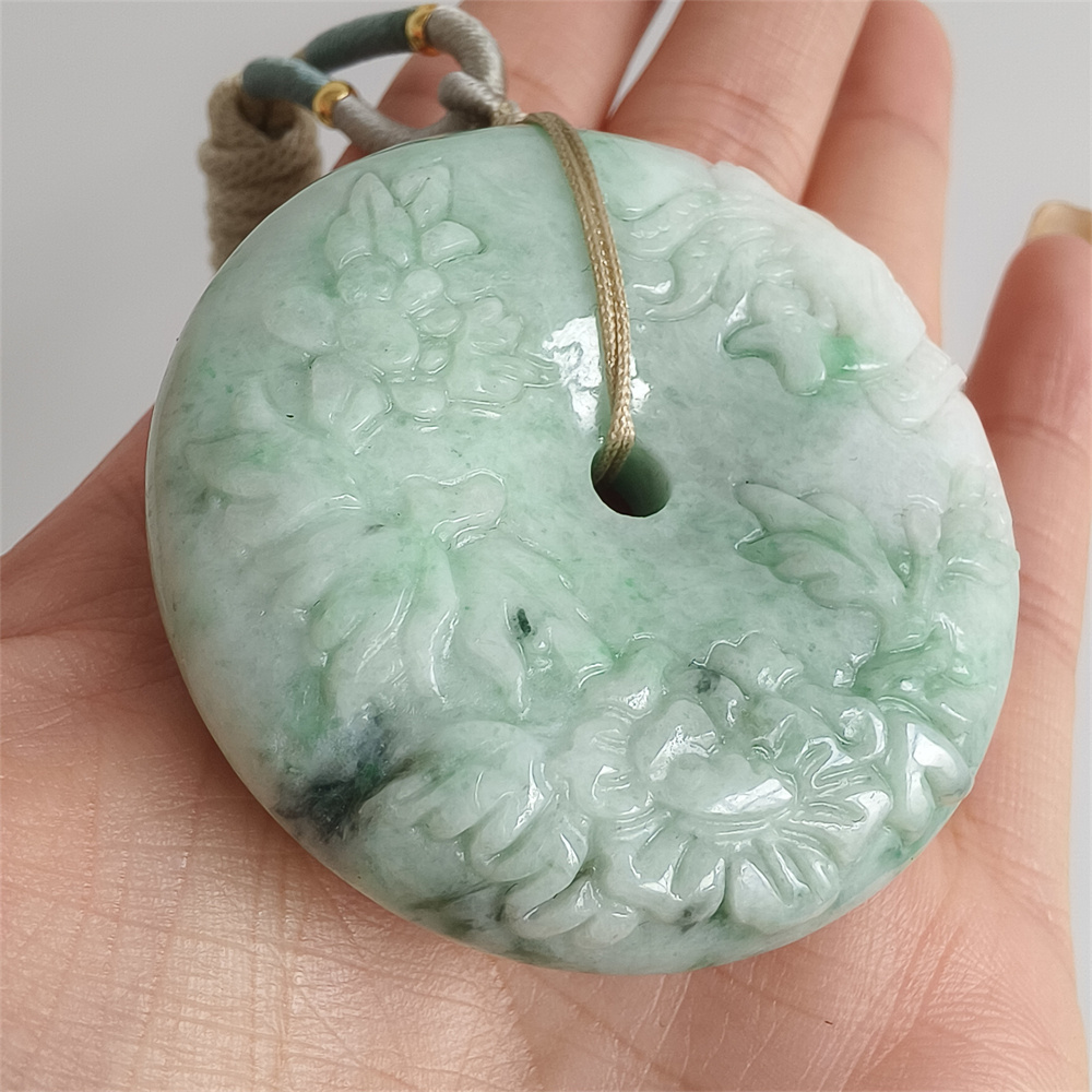 Unique Type A Untreated 49mm Green White Burmese Jadeite Hand Carved Safety Buckle Pendant With Peony And Phoenix Carved,Amulet Pendant,DIY Jewelry Supplies