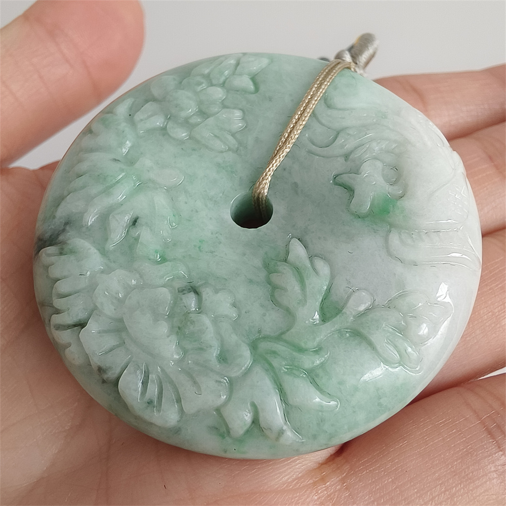 Unique Type A Untreated 49mm Green White Burmese Jadeite Hand Carved Safety Buckle Pendant With Peony And Phoenix Carved,Amulet Pendant,DIY Jewelry Supplies