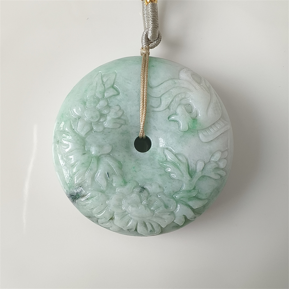 Unique Type A Untreated 49mm Green White Burmese Jadeite Hand Carved Safety Buckle Pendant With Peony And Phoenix Carved,Amulet Pendant,DIY Jewelry Supplies