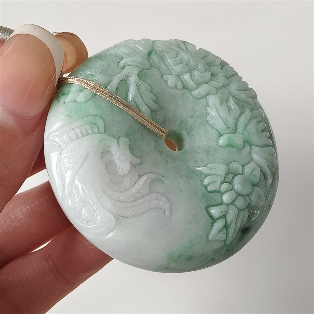 Unique Type A Untreated 49mm Green White Burmese Jadeite Hand Carved Safety Buckle Pendant With Peony And Phoenix Carved,Amulet Pendant,DIY Jewelry Supplies
