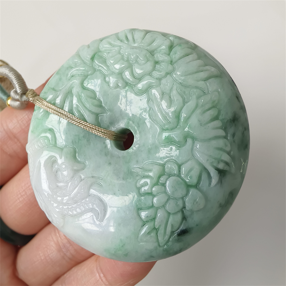 Unique Type A Untreated 49mm Green White Burmese Jadeite Hand Carved Safety Buckle Pendant With Peony And Phoenix Carved,Amulet Pendant,DIY Jewelry Supplies