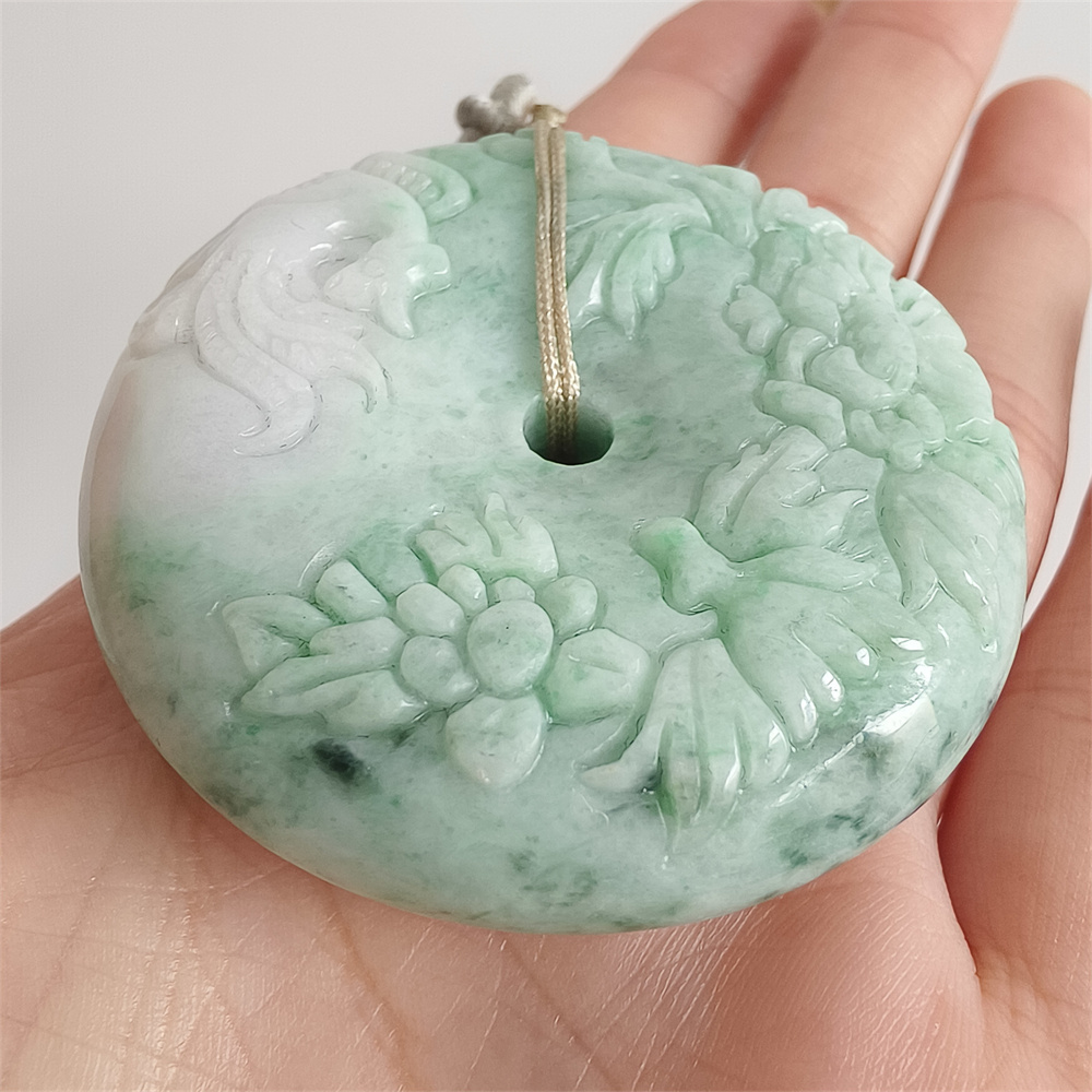 Unique Type A Untreated 49mm Green White Burmese Jadeite Hand Carved Safety Buckle Pendant With Peony And Phoenix Carved,Amulet Pendant,DIY Jewelry Supplies