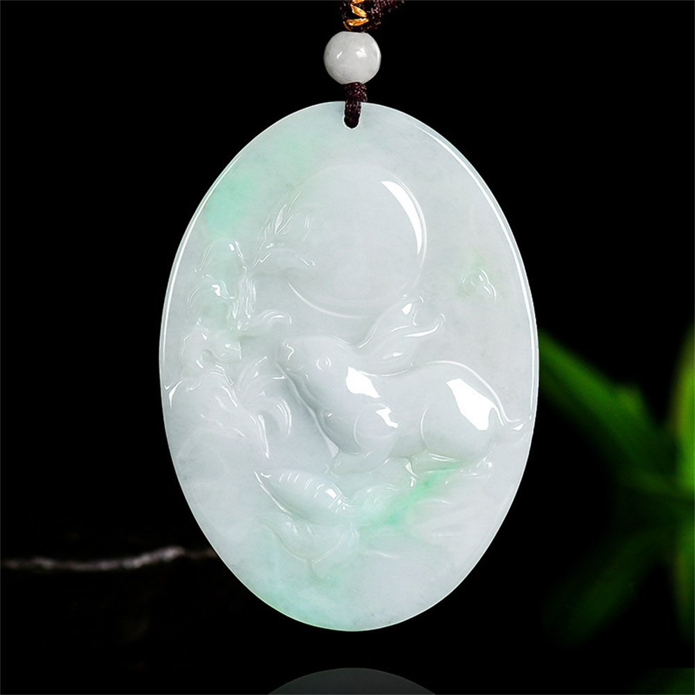 Natural Certificated Type A Untreated 55X40.5X5mm Icy Watery White Green Burmese Jadeite Oval Pendant With Rabbit And Moon Carved,Rabbit Pendant Necklace,Myanmar Jadeite Pendant Necklace