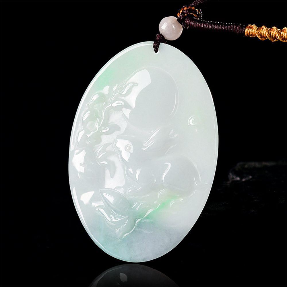 Natural Certificated Type A Untreated 55X40.5X5mm Icy Watery White Green Burmese Jadeite Oval Pendant With Rabbit And Moon Carved,Rabbit Pendant Necklace,Myanmar Jadeite Pendant Necklace