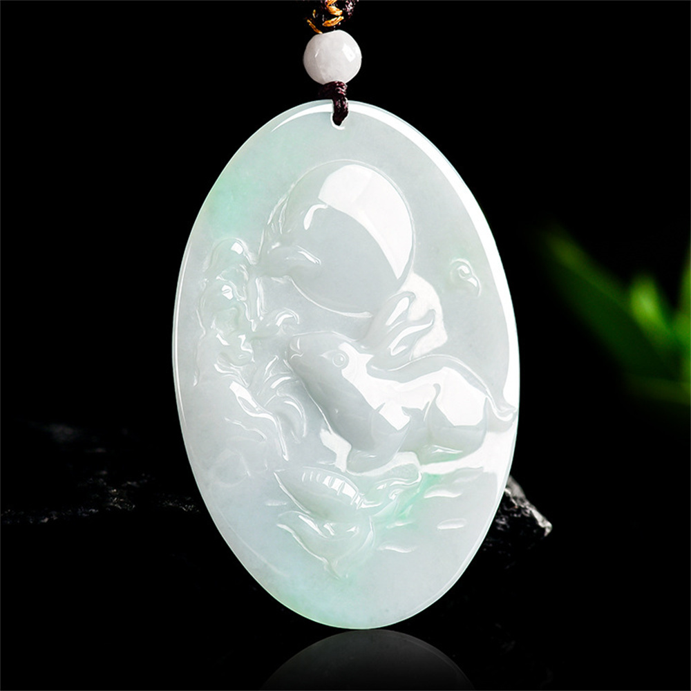 Natural Certificated Type A Untreated 55X40.5X5mm Icy Watery White Green Burmese Jadeite Oval Pendant With Rabbit And Moon Carved,Rabbit Pendant Necklace,Myanmar Jadeite Pendant Necklace