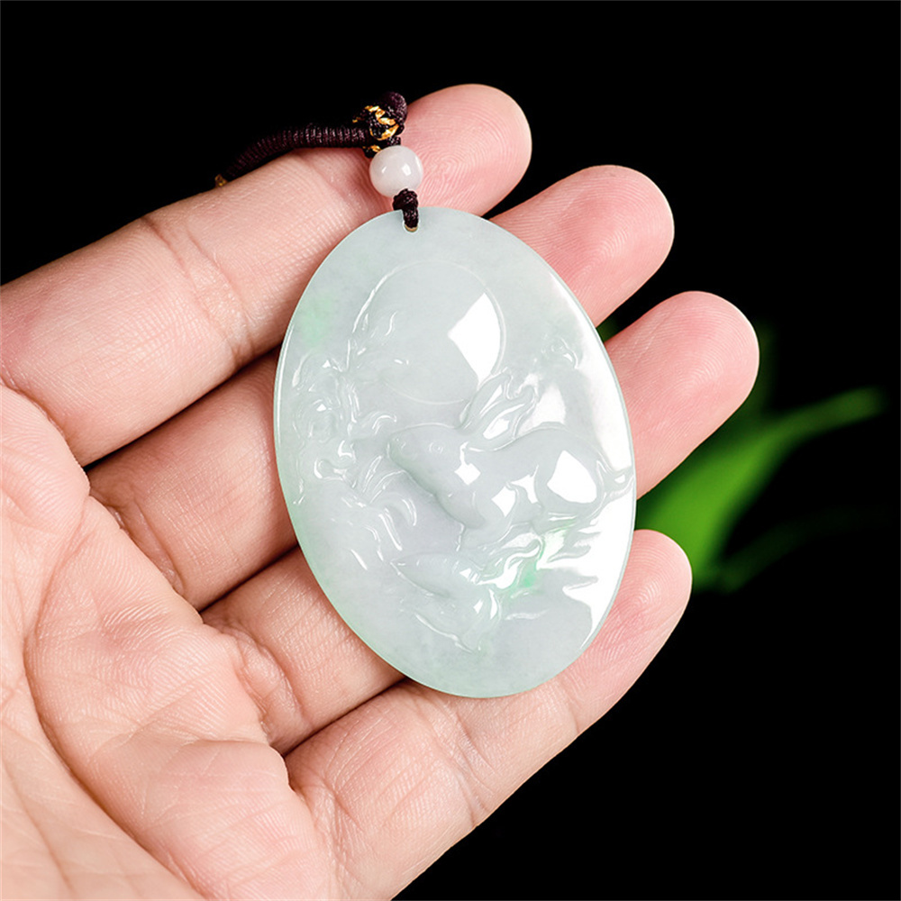 Natural Certificated Type A Untreated 55X40.5X5mm Icy Watery White Green Burmese Jadeite Oval Pendant With Rabbit And Moon Carved,Rabbit Pendant Necklace,Myanmar Jadeite Pendant Necklace