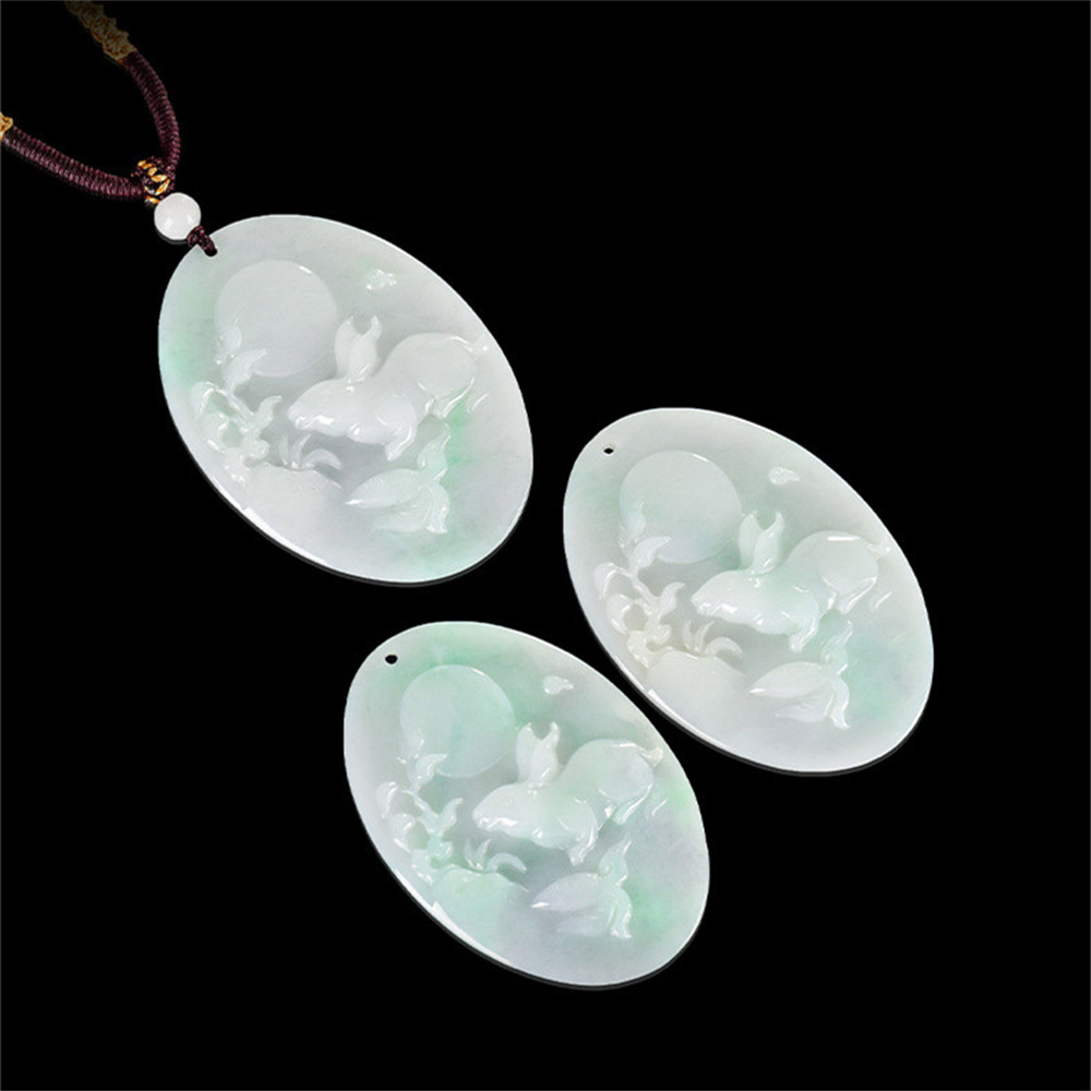 Natural Certificated Type A Untreated 55X40.5X5mm Icy Watery White Green Burmese Jadeite Oval Pendant With Rabbit And Moon Carved,Rabbit Pendant Necklace,Myanmar Jadeite Pendant Necklace
