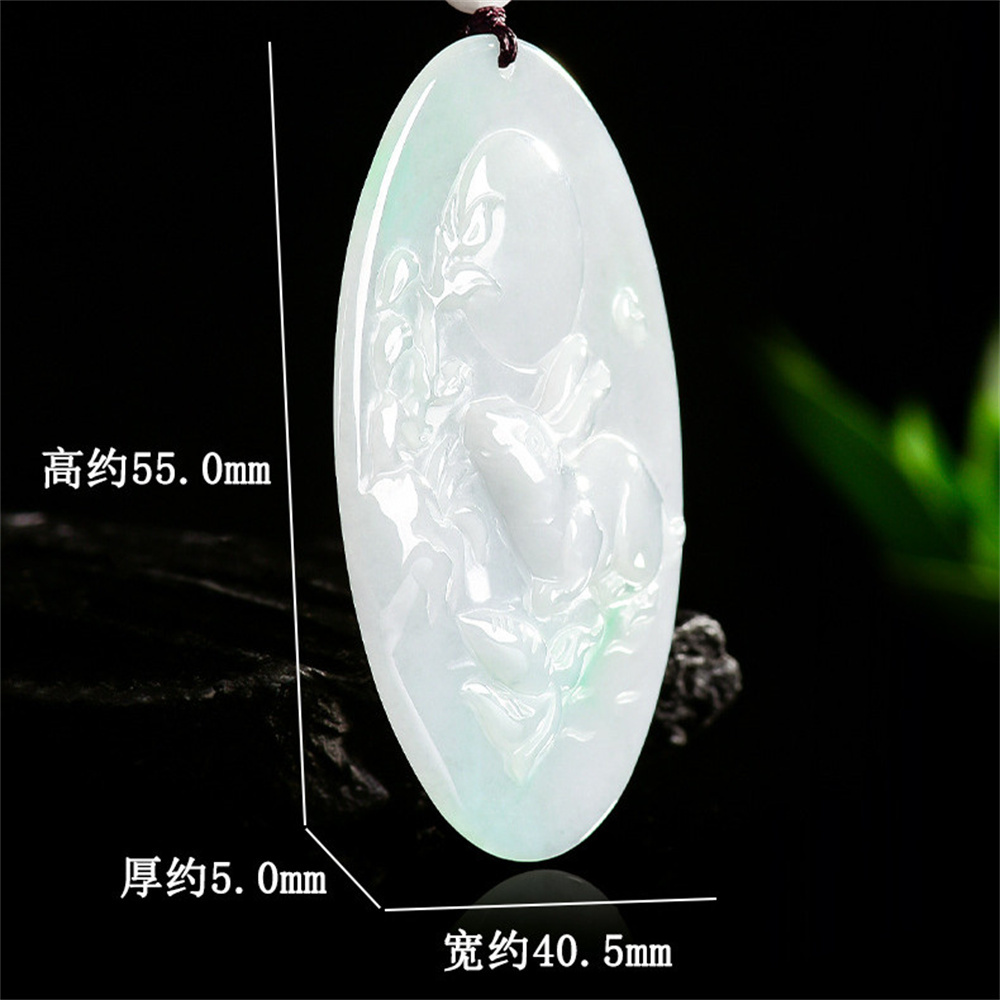 Natural Certificated Type A Untreated 55X40.5X5mm Icy Watery White Green Burmese Jadeite Oval Pendant With Rabbit And Moon Carved,Rabbit Pendant Necklace,Myanmar Jadeite Pendant Necklace