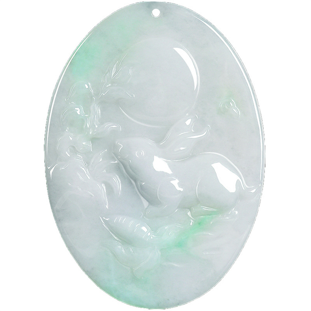 Natural Certificated Type A Untreated 55X40.5X5mm Icy Watery White Green Burmese Jadeite Oval Pendant With Rabbit And Moon Carved,Rabbit Pendant Necklace,Myanmar Jadeite Pendant Necklace
