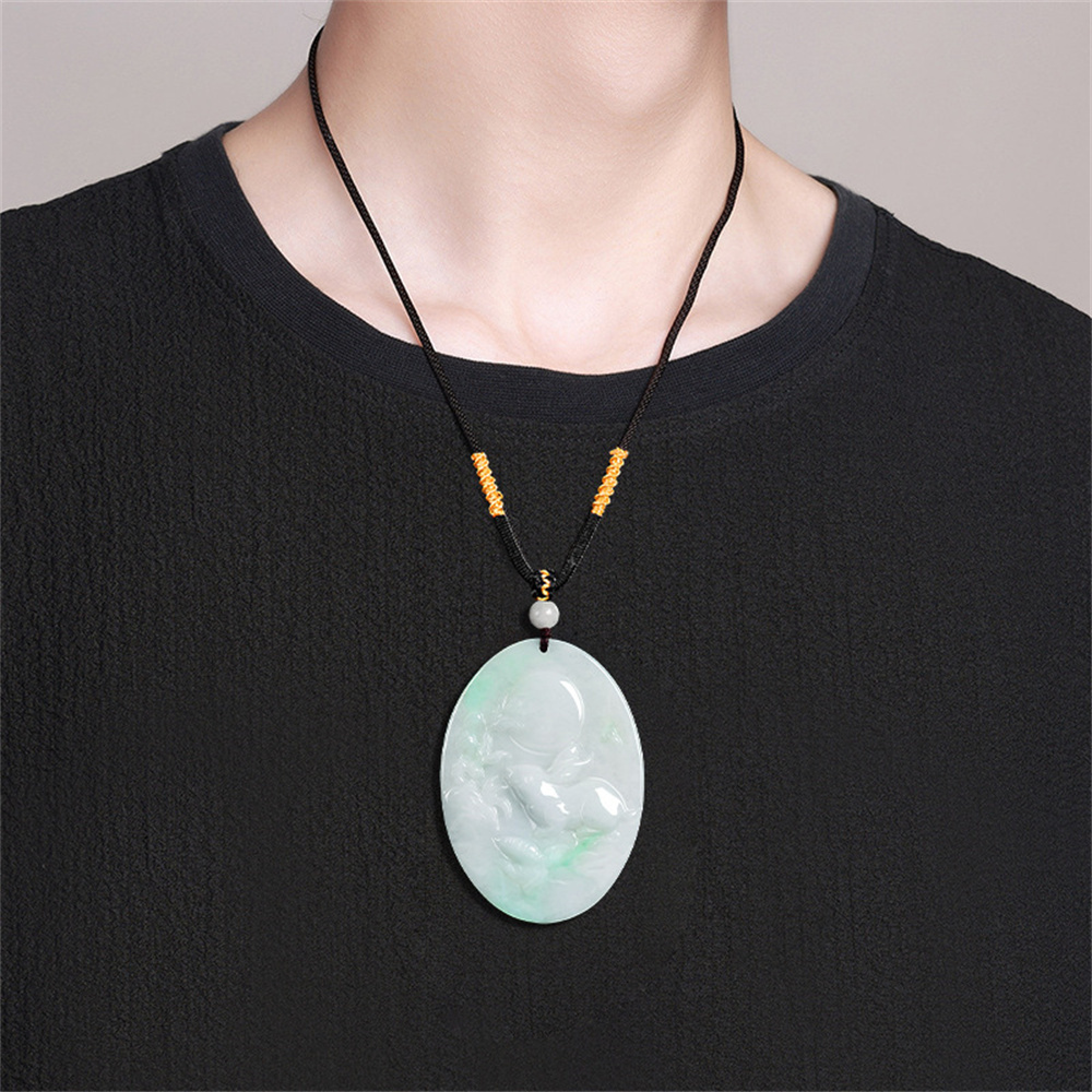 Natural Certificated Type A Untreated 55X40.5X5mm Icy Watery White Green Burmese Jadeite Oval Pendant With Rabbit And Moon Carved,Rabbit Pendant Necklace,Myanmar Jadeite Pendant Necklace