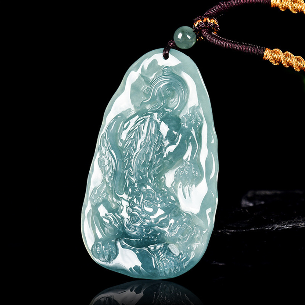 Natural Certificated Type A Untreated 60X37.5X7.5mm Blue Icy Watery Guatemalan Jadeite Oval Pendant With Pixiu Carved,Amulet Pendant Necklace