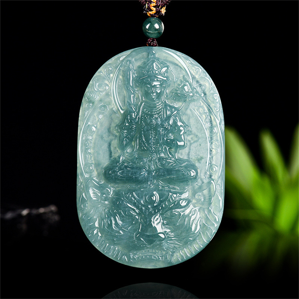 Natural Certificated Type A Untreated 60X40X6.5mm Blue Icy Watery Guatemalan Jadeite Oval Pendant With Bodhisattva Carved,Zodiac Tiger's Guardian Buddha Pendant Necklace